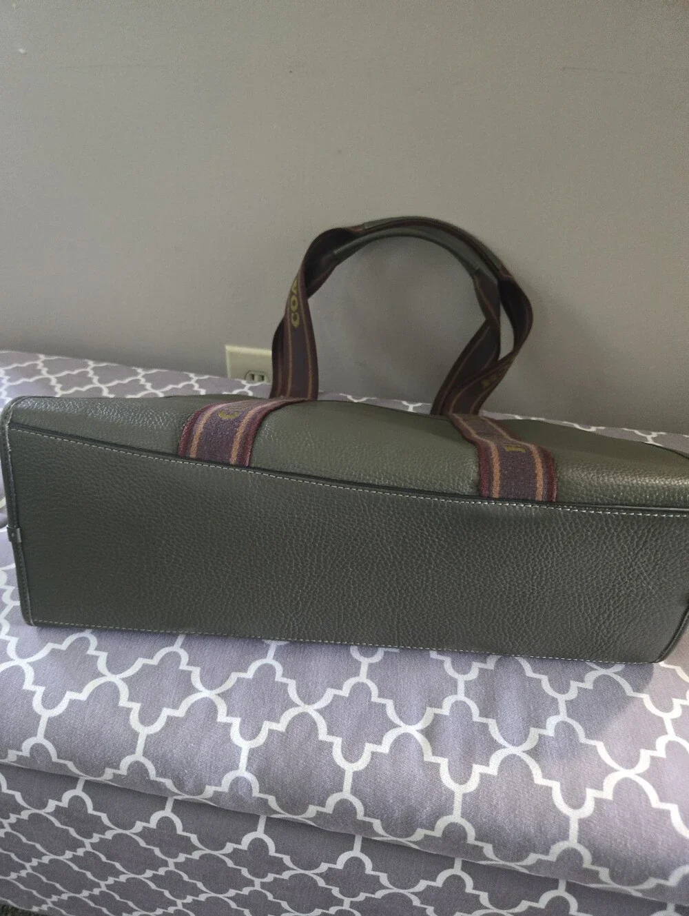 Coach Olive Green Leather Tote with Branded Burgundy Straps